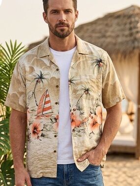 Red Turtle Vintage Men’s XL Hawaiian Shirt Silk Khaki Sailboat Floral Cuban